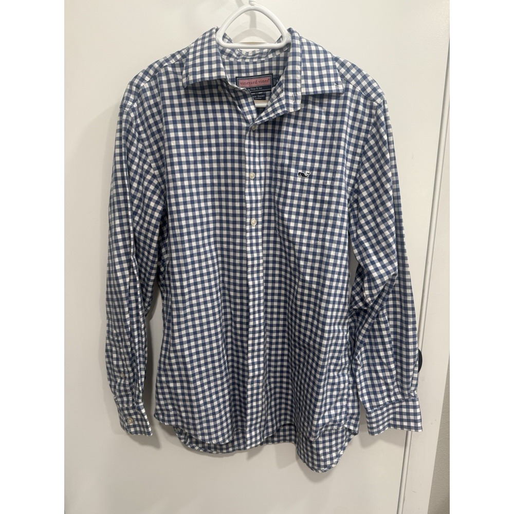 Vineyard Vines Men's Long Sleeve Tucker Cotton Shirt Blue/White Check Medium